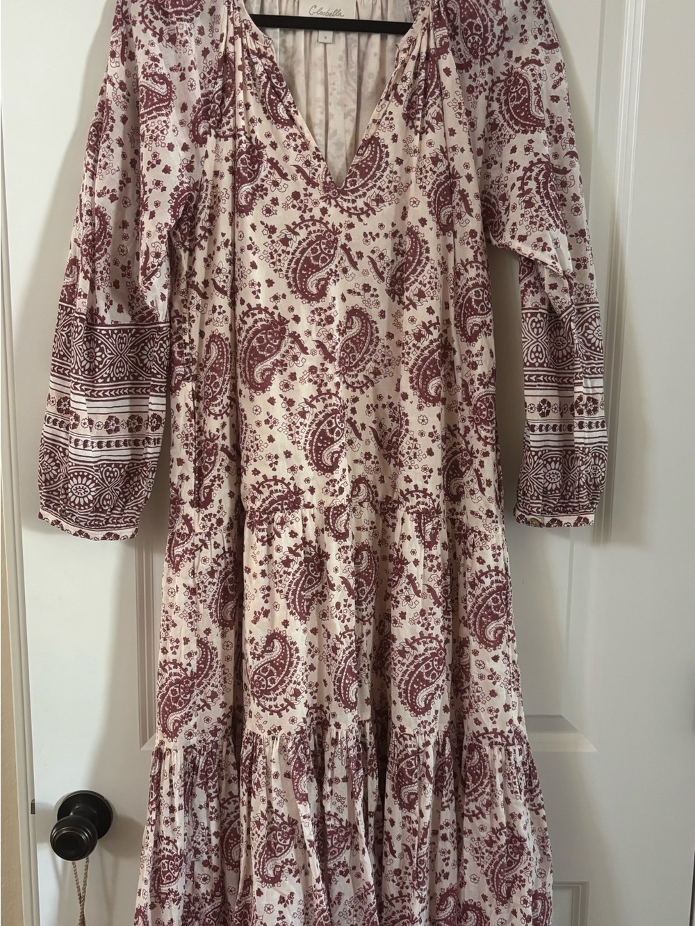 Cleobella Cream and Burgundy Paisley Tiered V‑Neck Maxi Dress